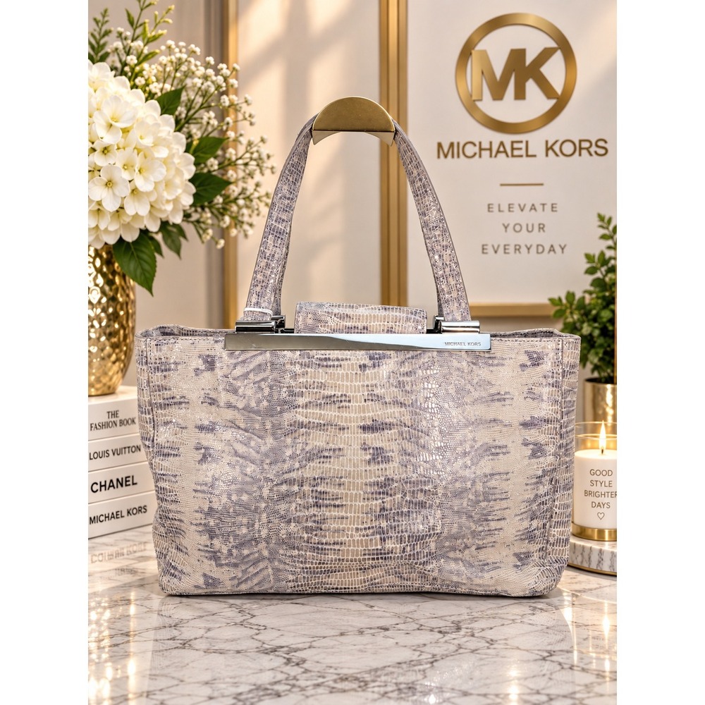 Michael Kors Metallic Snakeskin Embossed Leather Tote Bag Grey Silver Bar Logo